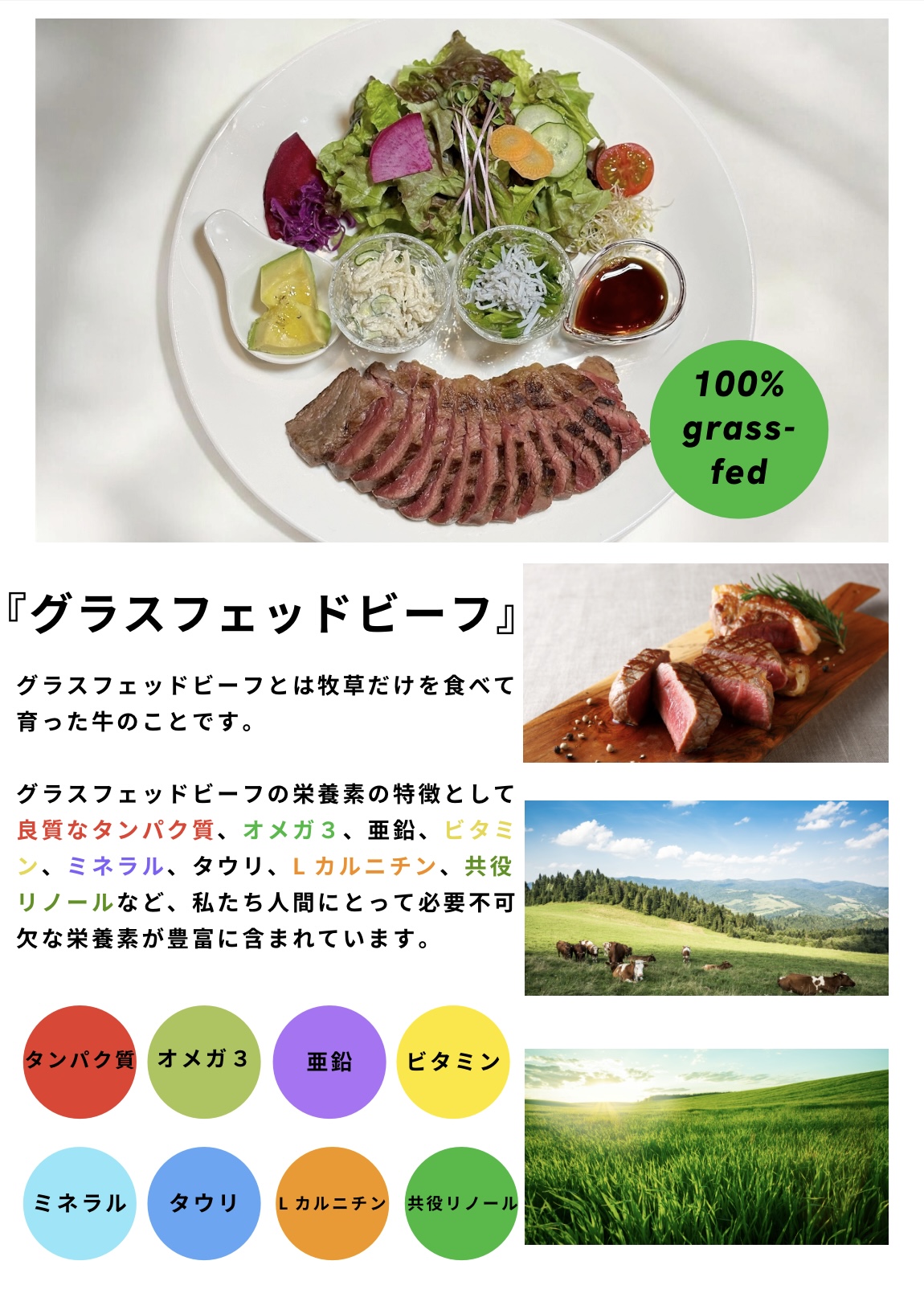 併設カフェのメニュー例(グラスフェッドビーフの説明)