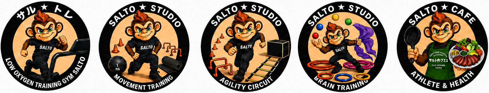 サル★トレ／SALTO STUDIO／SALTO CAFE の各バッジ